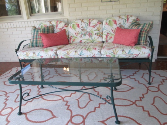 Nice Woodard Painted Green Metal Patio Sofa and Glass Top Coffee Table