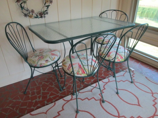 Pebble Glass Top 5 Piece Painted Green Metal Patio Table Set