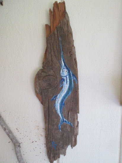 Artist Signed "GT" Sail Fish Painted on Rustic Reclaimed Wood Plank