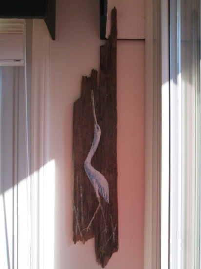 Artist Signed "GT" Egret Painted on Rustic Reclaimed Wood Plank