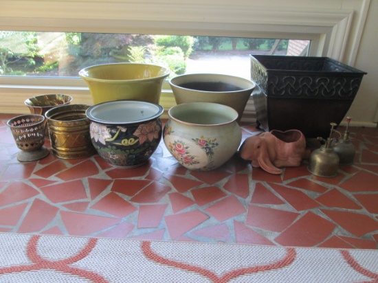 Grouping of Flower Pots and Planters-Brass, Glazed, Fish Bowl, Terra Cotta Rabbit, etc.