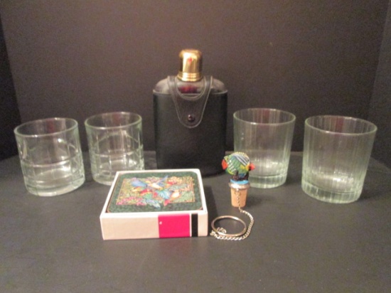 Bar Ware- Two Pair of Old Fashioned Tumblers, Pimpernel Parrot Coaster Set,