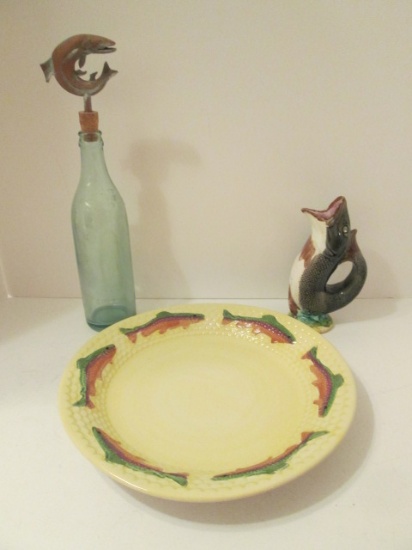 Vintage Majolica Open Mouth Fish Creamer, Pottery Charger with Rainbow Trout