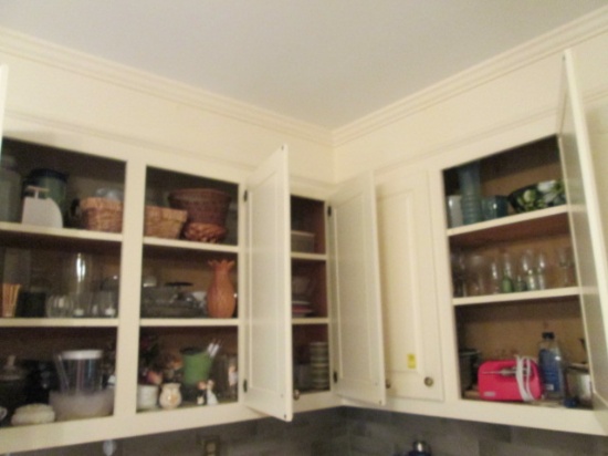 Wall Cabinet Contents-Glassware, Vases, Baskets, Monkey Pod Wood Pineapple,