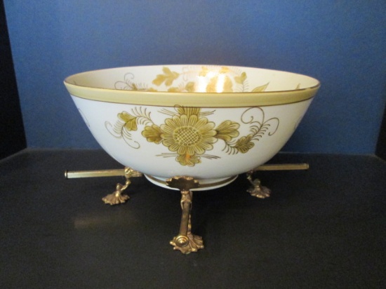 Vintage LJ Porcelain Gilded Floral Porcelain Centerpiece Bowl with Brass Stand