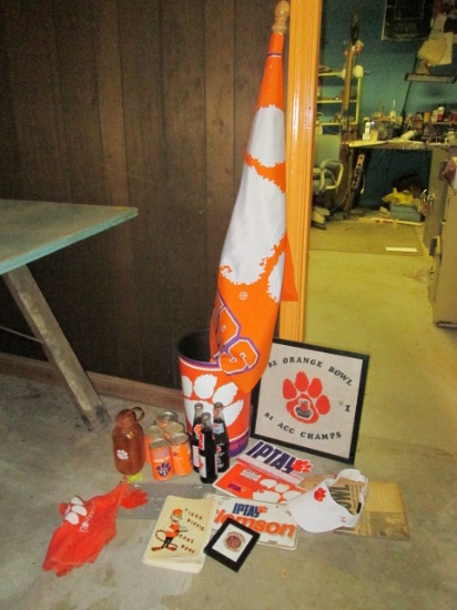 Clemson University Flag, Metal Waste Can, Commemorative Championship Bottles,