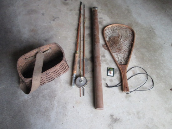 Old Fly Fishing Split Oak Basket, Net, Fishing Rod with Reel and
