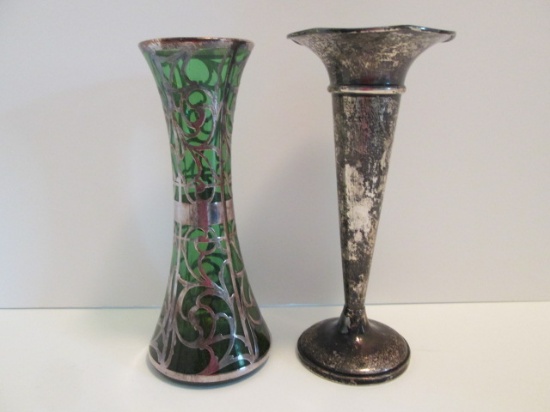 Weighted Sterling Trumpet Vase and Green Glass Sterling Overlay Vase