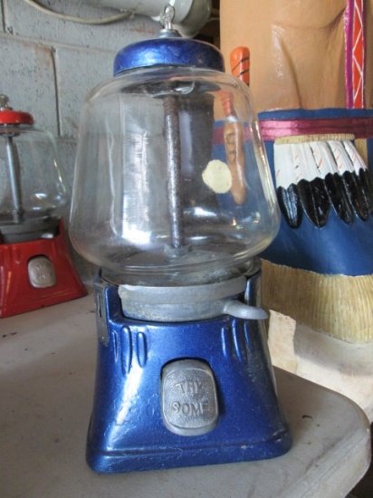Vintage Painted Blue Cast Metal Penny Candy Dispenser
