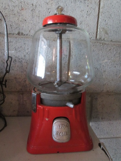 Vintage Painted Red Cast Metal Nickel Candy Dispenser