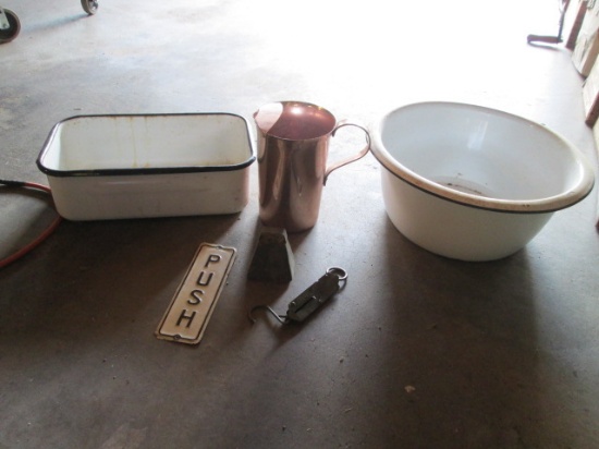 Enamel Dish Pan and Refrigerator Box, Aluminum Pitcher, Embossed "Push"