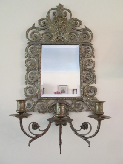 Vintage Rococo Style Brass Beveled Mirror 3 Lite Candle Sconce