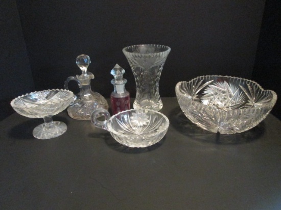 Crystal Bowl, Vase, Nappy Dish, Cruet, Stoppered Bottle and Footed Bonbon Dish