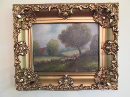 Vintage Durant Signed Shepherd Pastoral Landscape Canvas Artwork in Ornate Gold Gilt Frame