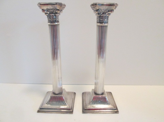 Pair of Silverplated Corithian Column Form Candle Sticks