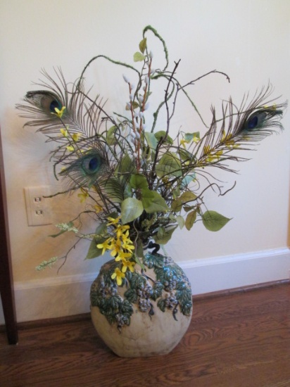 Glazed Grape Cluster Relief Double Handle Pottery Jug with Peacock Feather