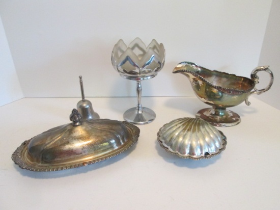 Silverplated Sauce Boat, Servant Bell, Compote, Butter Dish and Clam Shell