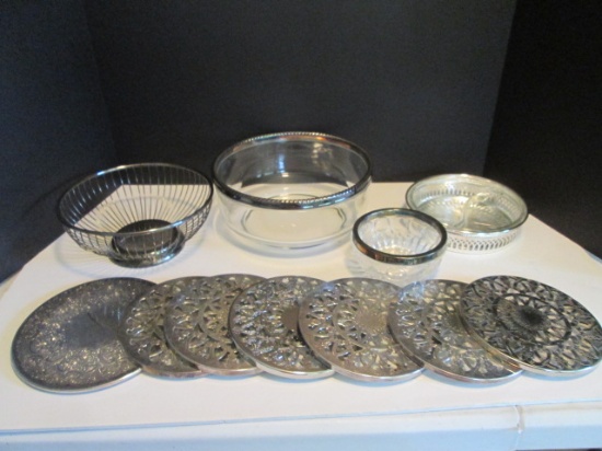Glass Serving Bowls with Silverplated Rims and Silverplated Overlay Glass Trivets