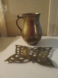 Heavy Brass Pitcher and Butterfly Trivet