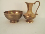 Heavy Brass Pitcher and Bowl with Asian Relief Designs