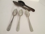 Antique Brass Table Spoon Mold and Three Molded Lead Spoons