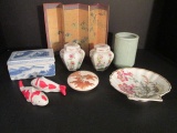 Asian Motif Porcelain Jars, Trinket Boxes, Shell Dish, Pottery Koi, Pottery Vase