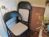 Four Black Metal Samsonite Folding Chairs and Brown Samsonite Card Table