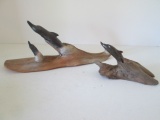 Two Folk Art Hand Carved Wood Leaping Dolphin Sculptures