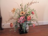 Silk Floral Arrangement in Hand Decorated Metal Planter