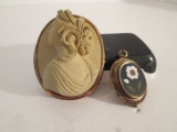 Antique Bisque Ware Cameo and Inlaid Stone Flower Pendant