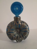 Vintage Hand Blown Art Glass Perfume Bottle with Sterling Overlay Design
