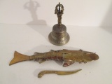Heavy Relief Design Hand Bell, Turkish Dagger and Fish Form Hinged Head Box