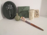 Pottery Relief Plaques, Dragon Fly Stoppered Bottle, Stone Head Jar and
