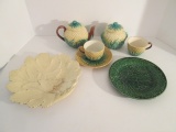 Vintage Majolica Pottery Teapot, Sugar Bowl, Cups, Saucer and Leaf Plates