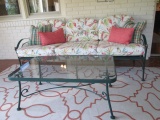 Nice Woodard Painted Green Metal Patio Sofa and Glass Top Coffee Table