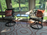 Pair of Painted Green Metal Swiveling Rocking Patio Chairs and Woodard Glass Top Side Table