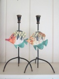Pair of Wrought Iron Handpainted Tropical Fish Candle Holders
