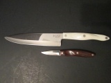 Cutco #1728 KD White Handle Chef Knife and #1020 Wood Grain Handle Paring Knife