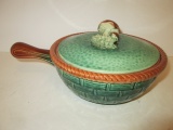 Vintage TWH Tellurite Majolica Pottery 1 Liter Covered Bowl with Mushroom Finial