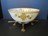 Vintage LJ Porcelain Gilded Floral Porcelain Centerpiece Bowl with Brass Stand