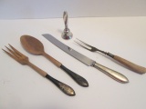 Weighted Sterling Handle Serrated Knife, Sterling Handle Wood Bowl Salad Set,