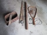Old Fly Fishing Split Oak Basket, Net, Fishing Rod with Reel and