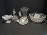 Crystal Bowl, Vase, Nappy Dish, Cruet, Stoppered Bottle and Footed Bonbon Dish