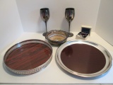Two Silverplated Rimmed Serving Trays, Pair of Toasting Goblets, Wine Coaster and