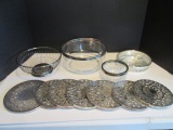 Glass Serving Bowls with Silverplated Rims and Silverplated Overlay Glass Trivets