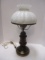 Vintage Wood Hurricane Lamp with Brass Base and White Glass Globe.