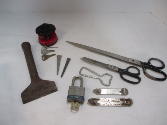 Vintage Scissors, Master Lock with Key, Bottle Openers, Chisel.