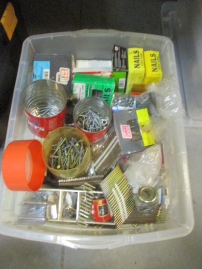 Tote with Lid Full of Boxes of Nails and Screws.