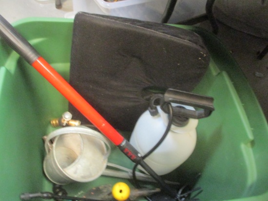 Tote with Lid and Gardening Supplies, Sprayer, Spade, Digger, Hose Nozzles, Etc.