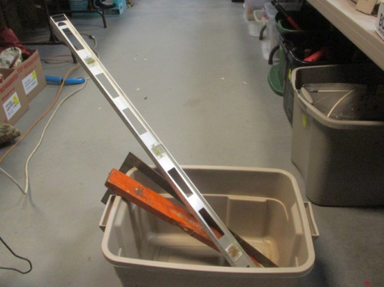 Four Foot Level, Vintage Wood 22'' Level, Square, Nail Puller, and Tape Measure.